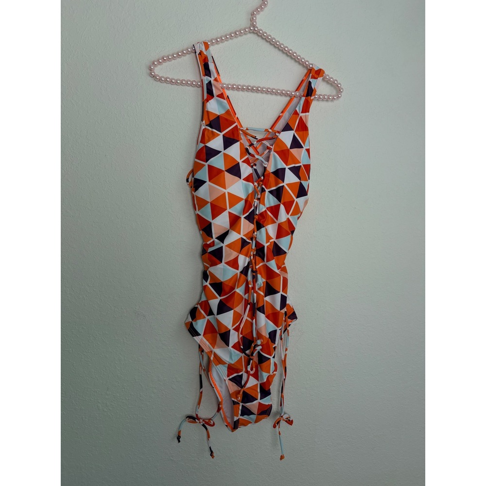 Holipick Geometric Lace Up One Piece Swimsuit L Orange Multi New Geometric Print